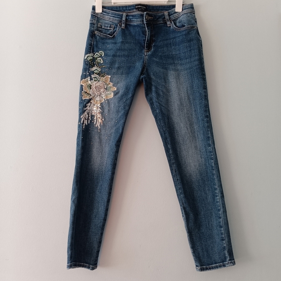 bebe Denim - Bebe Y2K Embellished 3D Floral Skinny Denim Jeans Medium Wash 29